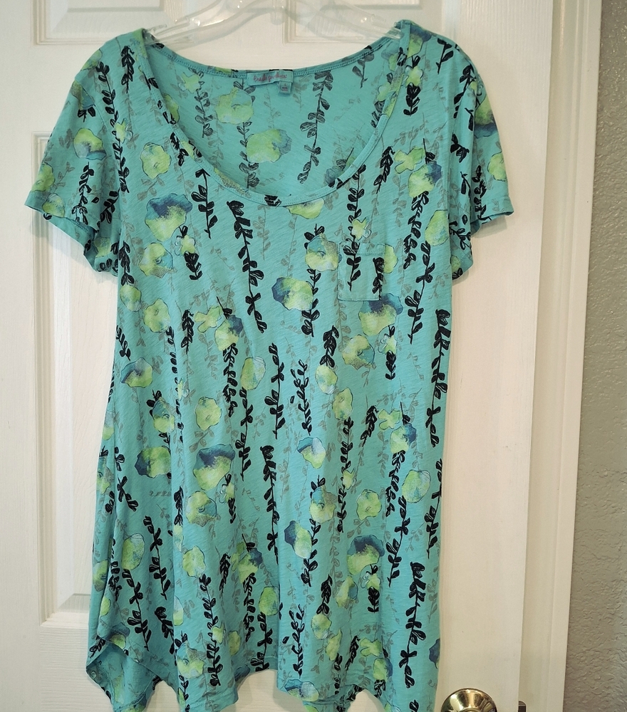 Fresh Produce Rare Artsy Watercolor Blue Green Black Scoop Vintage Drape Top S L